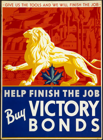 A Canadian government propaganda poster encouraging people to buy victory bonds.