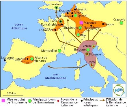 Carte exposant les principaux foyers de l’humanisme