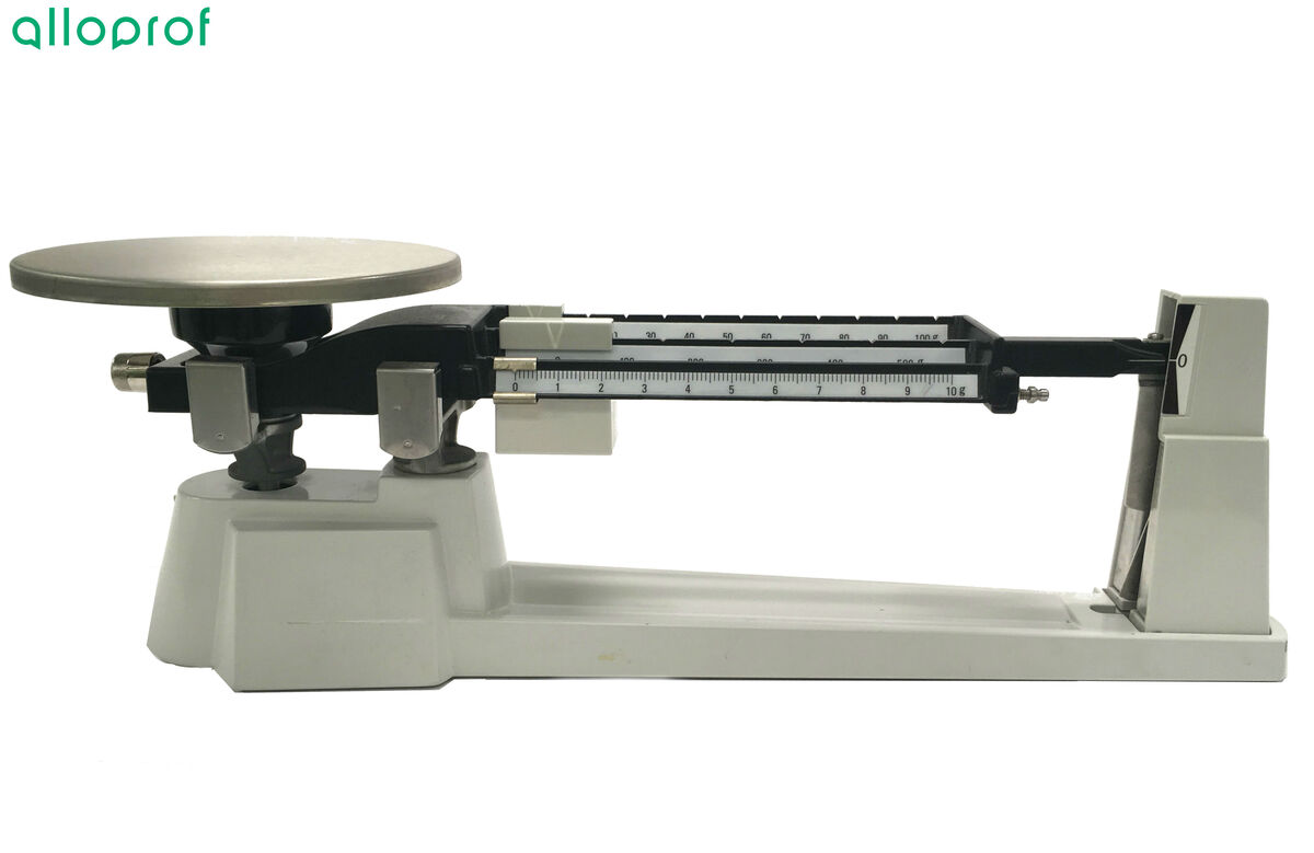 The riders of the triple beam balance are reset and the pointer is aligned with zero. 