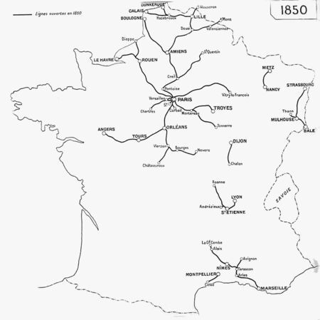 ​Carte du réseau des chemins de fer en 1850 en France