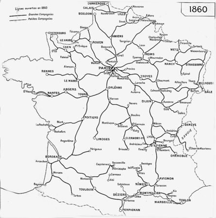 ​Carte du réseau des chemins de fer en 1860 en France