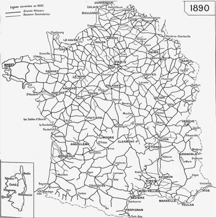 ​Carte du réseau des chemins de fer en 1890 en France