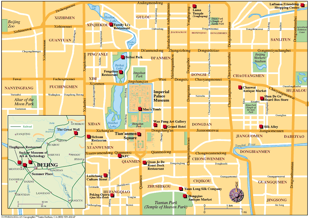 Carte du centre-ville de Pékin, avec ses attractions historiques