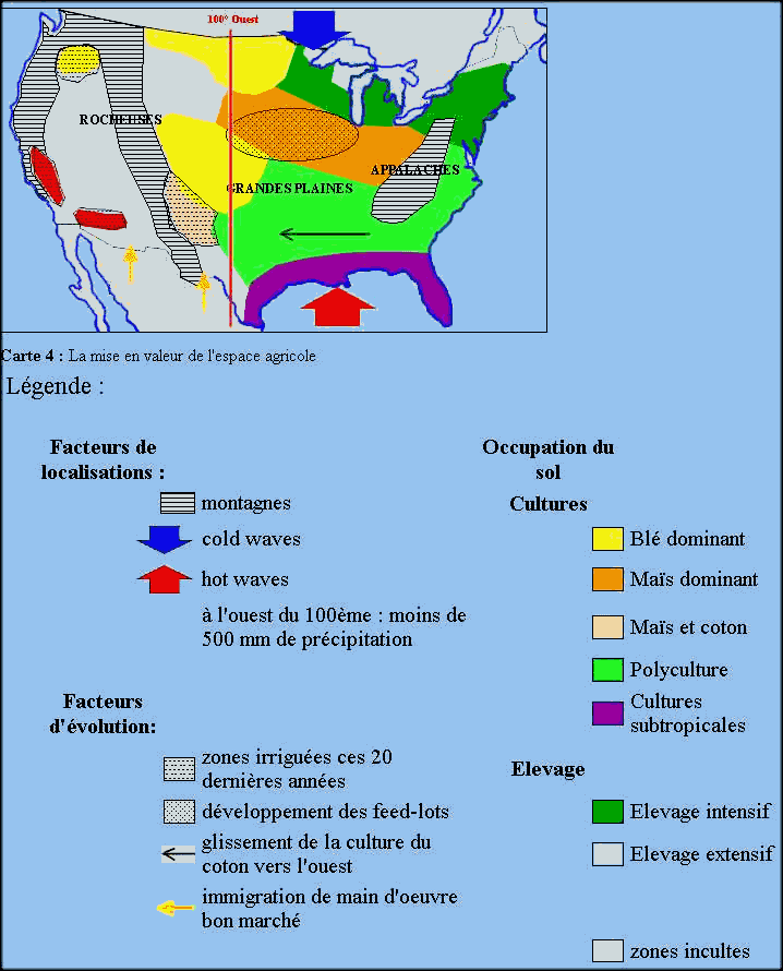 Carte schématique de l'évolution de l'agriculture aux États-Unis