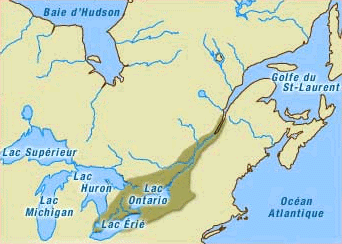 En foncé, le territoire des Hurons-Wendats