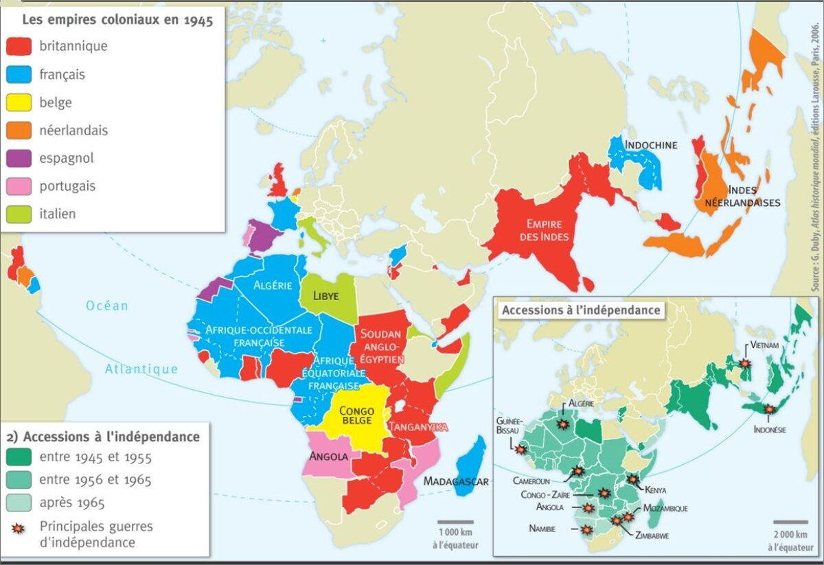 Carte présentant les États décolonisés, l'année de leur décolonisation et la métropole à qui ils appartenaient