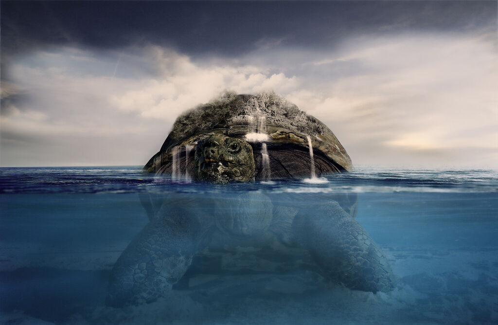 ​Représentation de la légende selon laquelle le monde s'est formé sur le dos d'une tortue géante