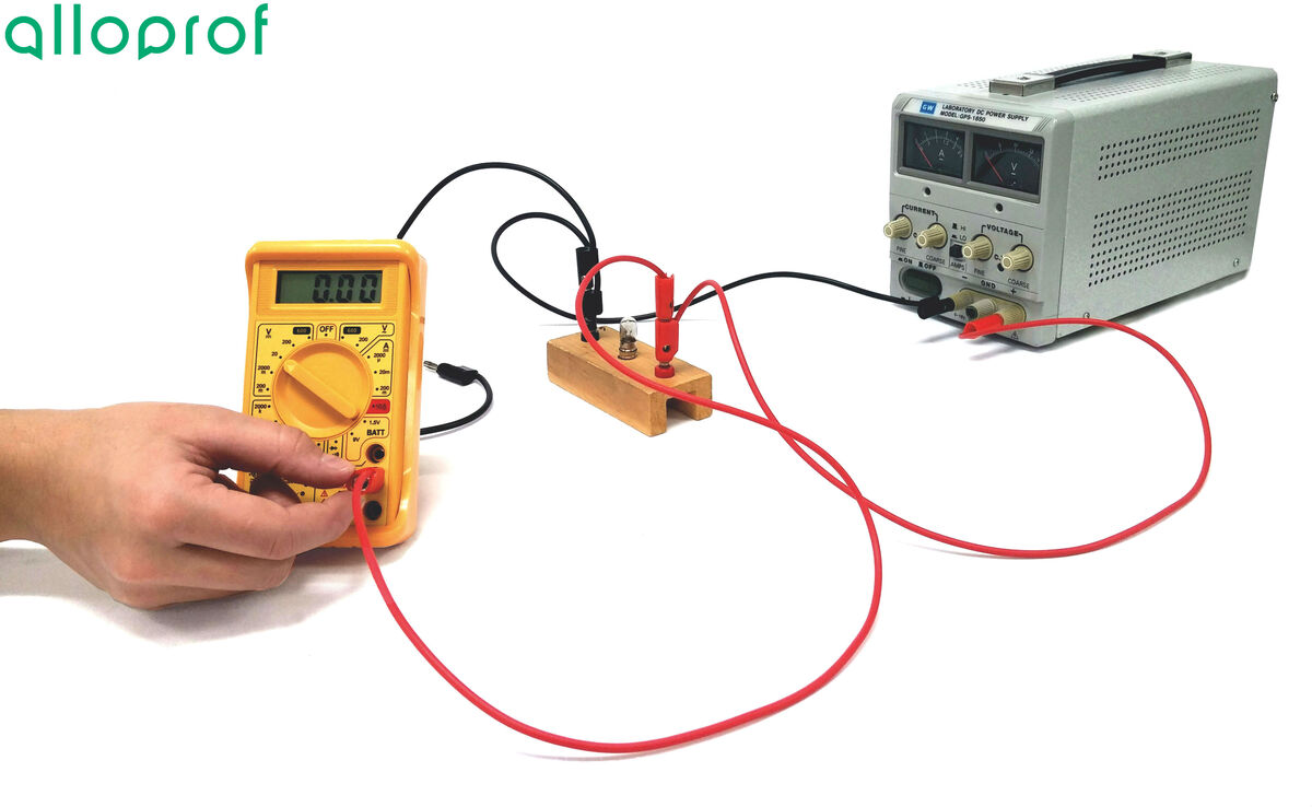 One wire coming from the light bulb is connected to the VΩmA port on the multimeter.