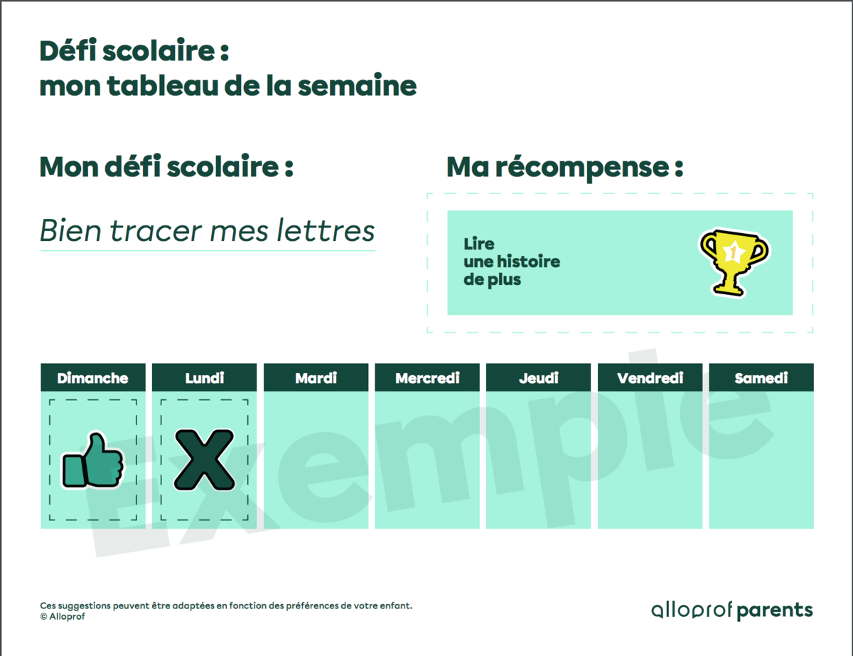 Défis scolaires : mon tableau de la semaine