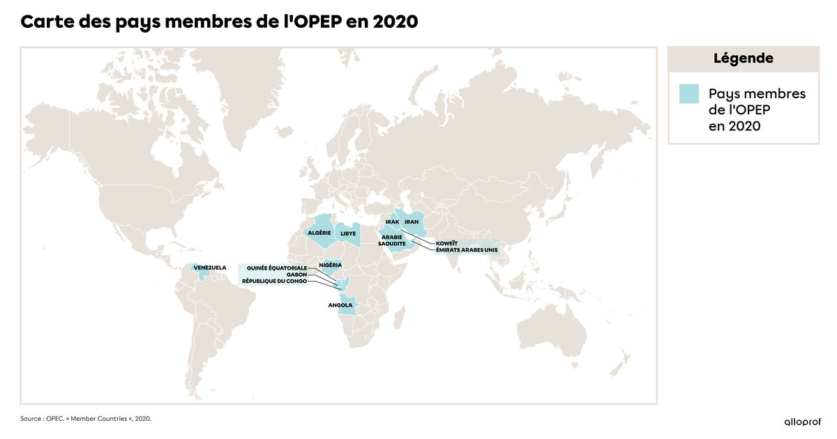 Carte présentant les pays membres de l'OPEP