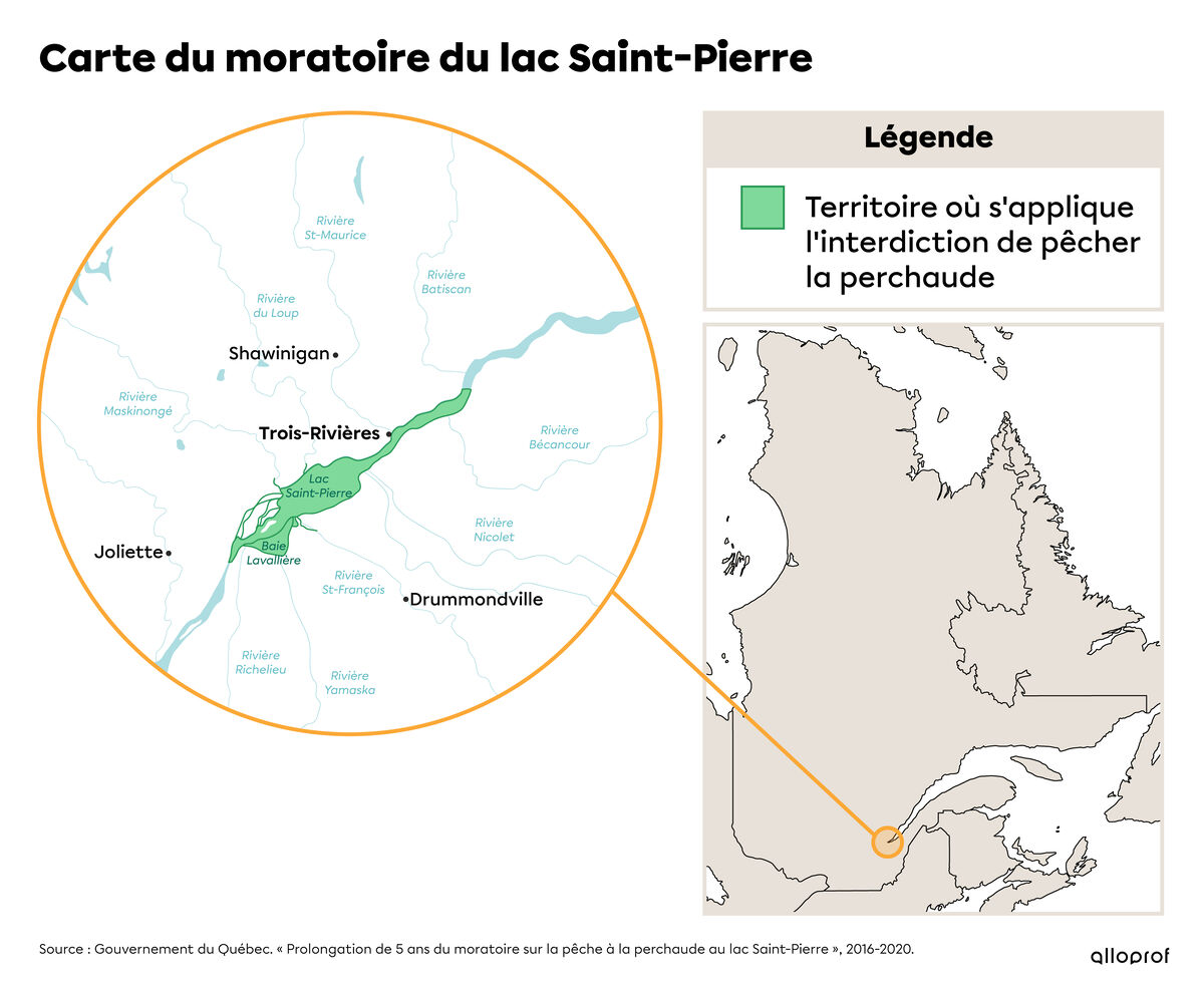 Carte délimitant la zone mise en place par le moratoire sur la pêche du Lac Saint-Pierre