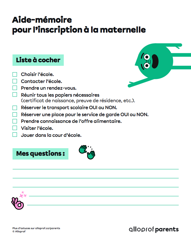 Mon aide-mémoire pour l'inscription à la maternelle