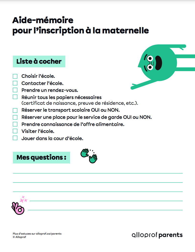 Aide-mémoire pour l'inscription à la maternelle