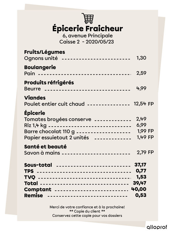 Exemple d'une facture d'épicerie