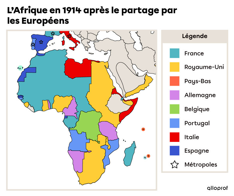 Carte de l’Afrique en 1914 montrant les séparations faites par les Européens