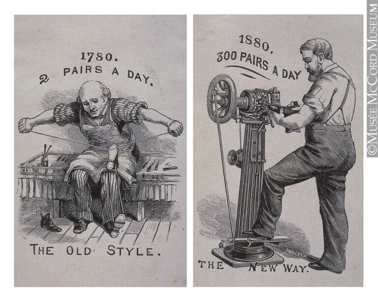 One of these engravings shows a man making a shoe by hand, and the other shows a man making a shoe using a machine.