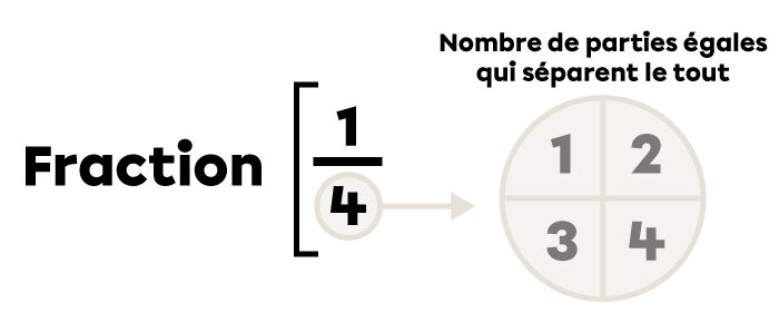 Exemple du nombre de parties égales du tout de la fraction un quart