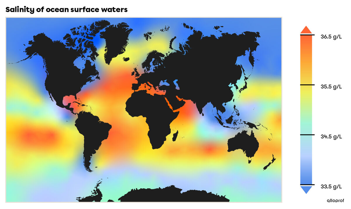 Salinity of ocean surface water in g/L