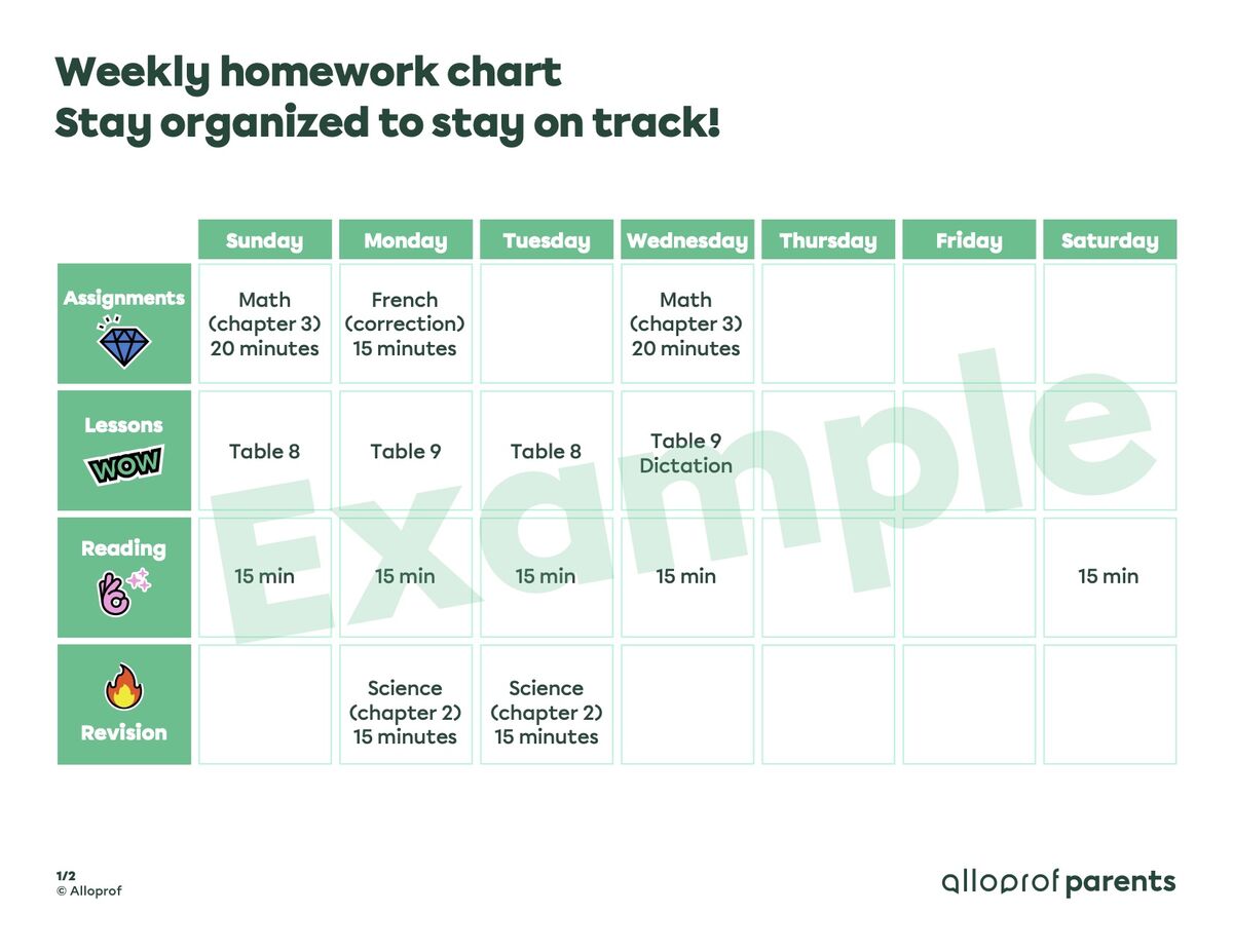 Weekly homework chart