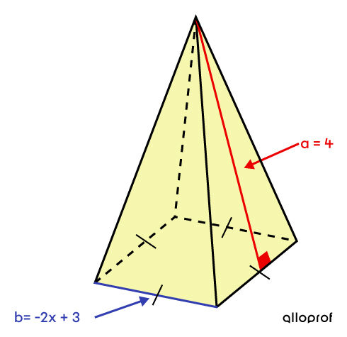 Square-based pyramid with measurements that are algebraic expressions.