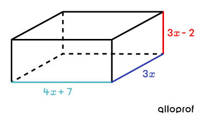 Rectangular prism where the measurements are algebraic expressions.