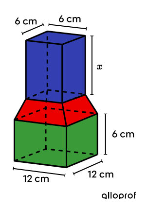 Decomposable solid representing the new model of a juice container where the height of the new upper section is sought