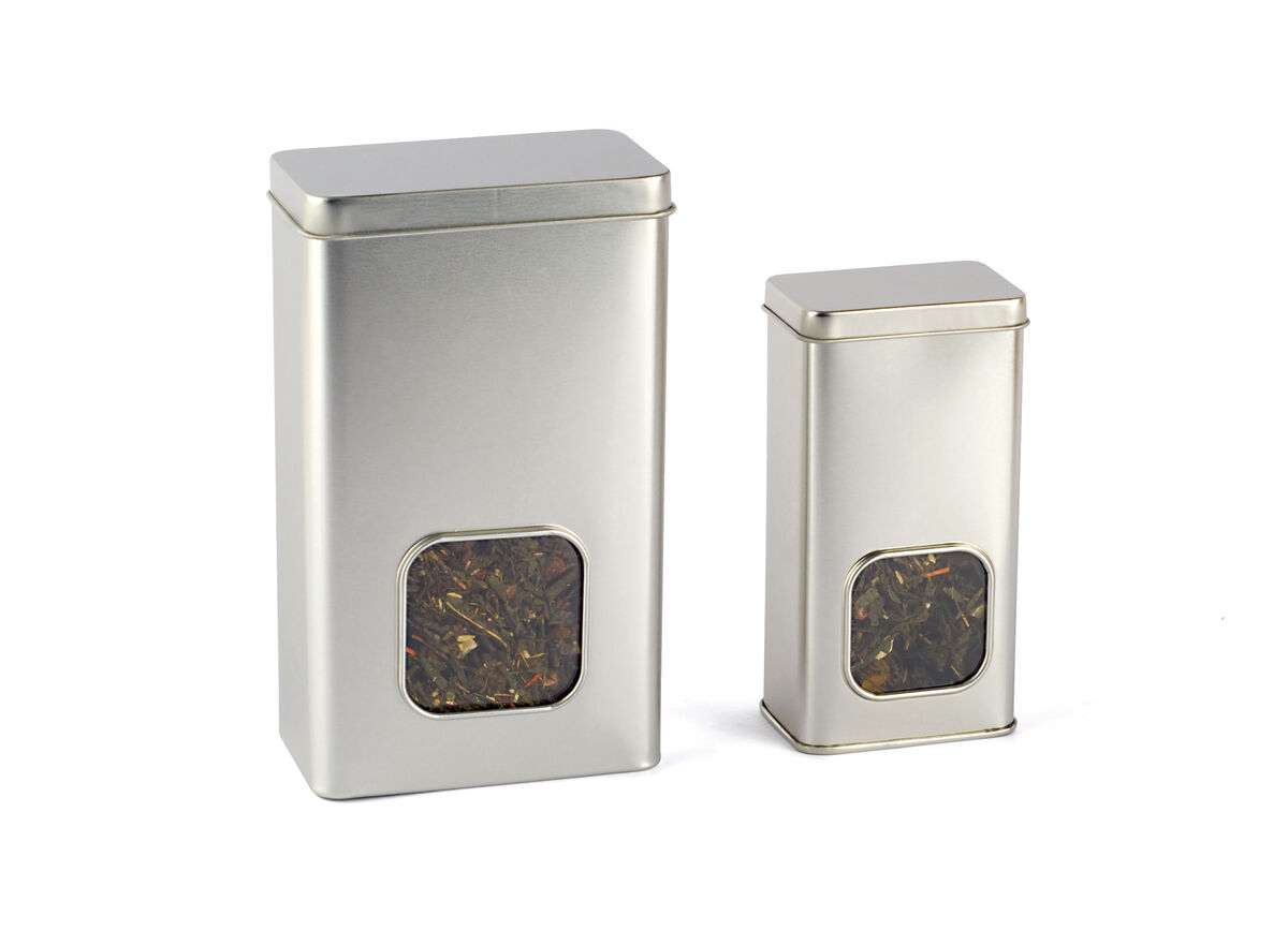 Tea tins are often made of tinplate, a ferrous alloy.