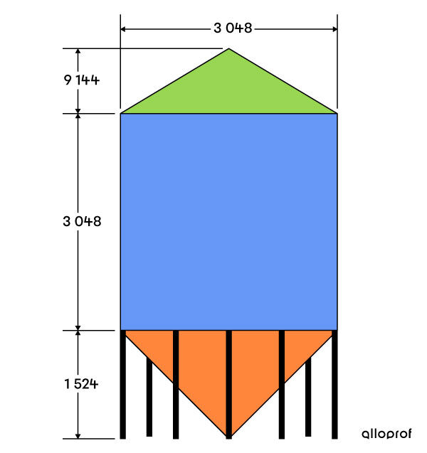 Representation of a silo formed by a cylinder and two cones.