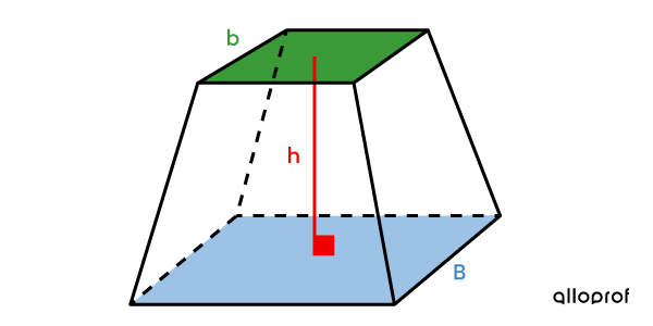 Truncated pyramid with its different dimensions. The area of the two bases and the height are shown.