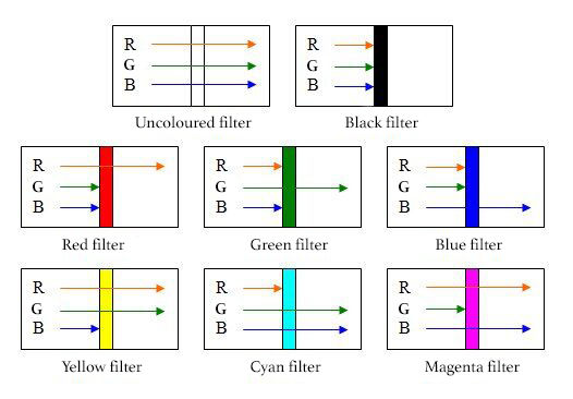 Selective absorption of primary and secondary pigments when light rays pass through a filter