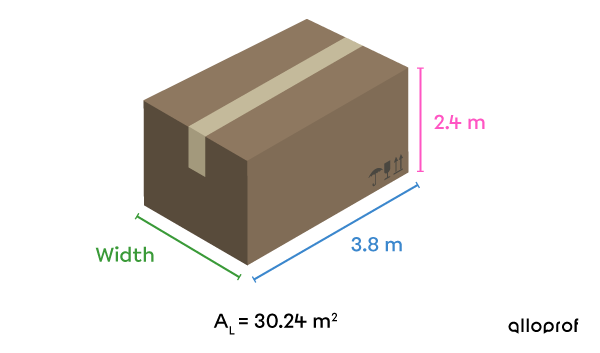 Cardboard box in the shape of a rectangular prism with an unknown width.