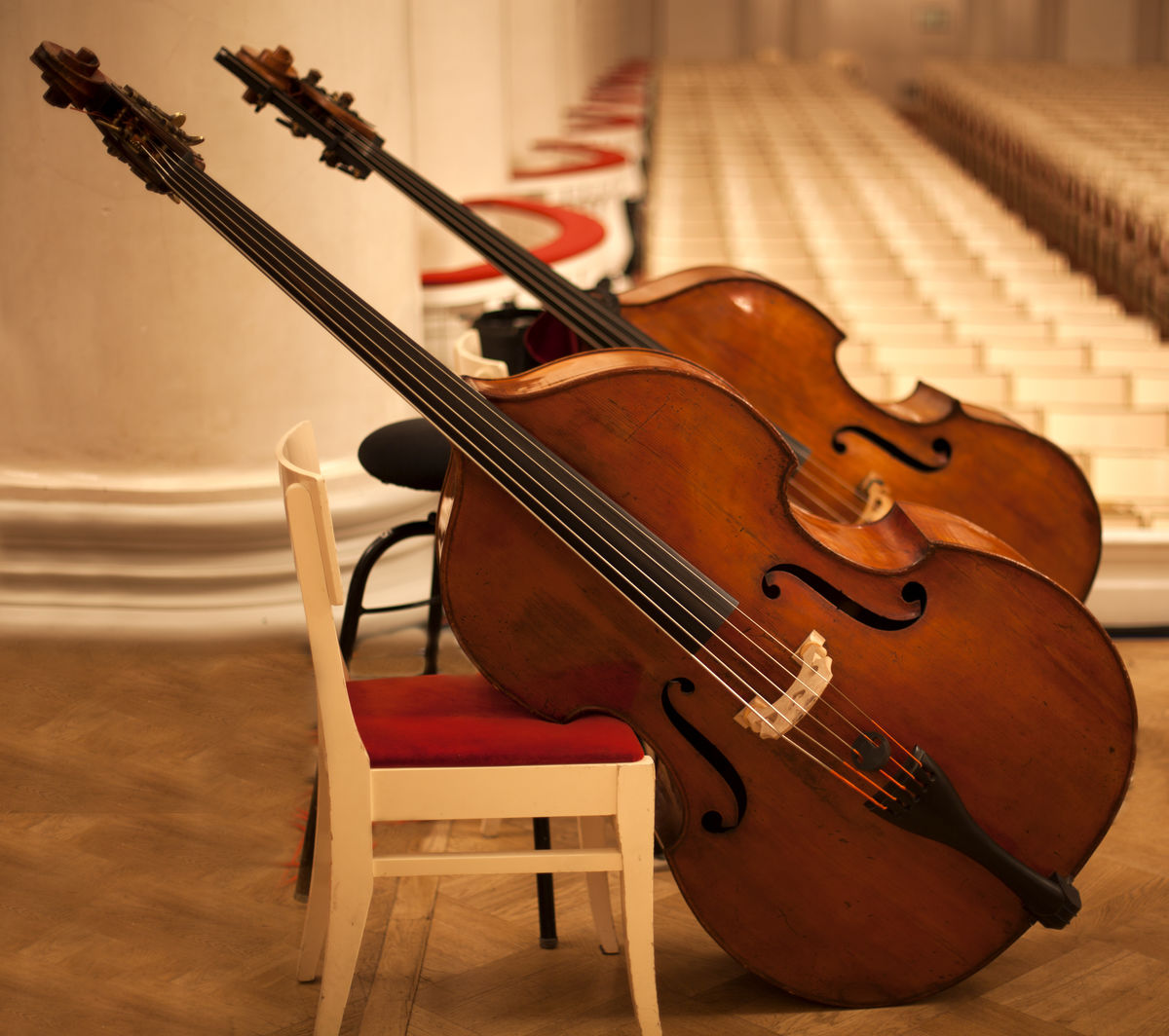 A double bass emits lower pitched sounds than a violin.