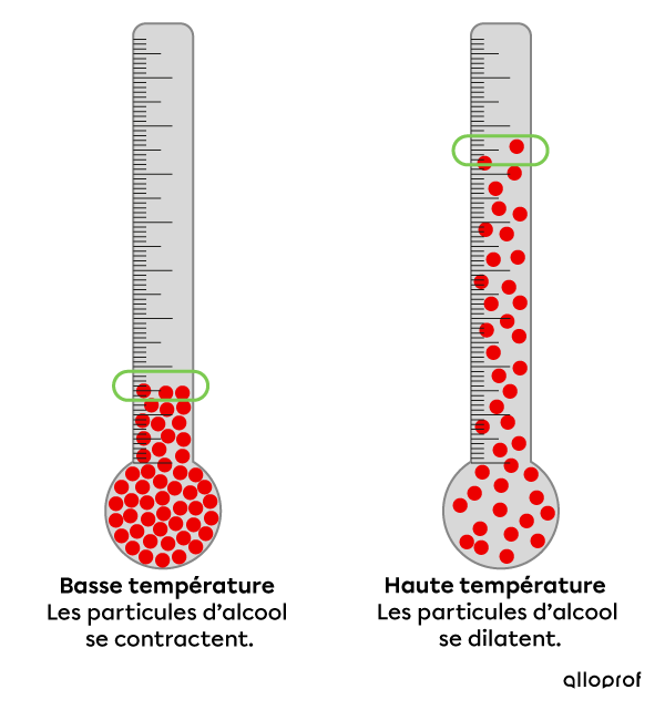 Lorsqu’il y a peu de chaleur, les particules d’alcool se contractent dans le tube de verre. Lorsqu’il y a beaucoup de chaleur, les particules d’alcool se dilatent dans le tube de verre.