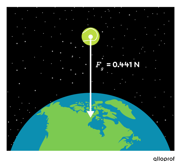 The weight of a tennis ball on Earth is represented by a downward arrow