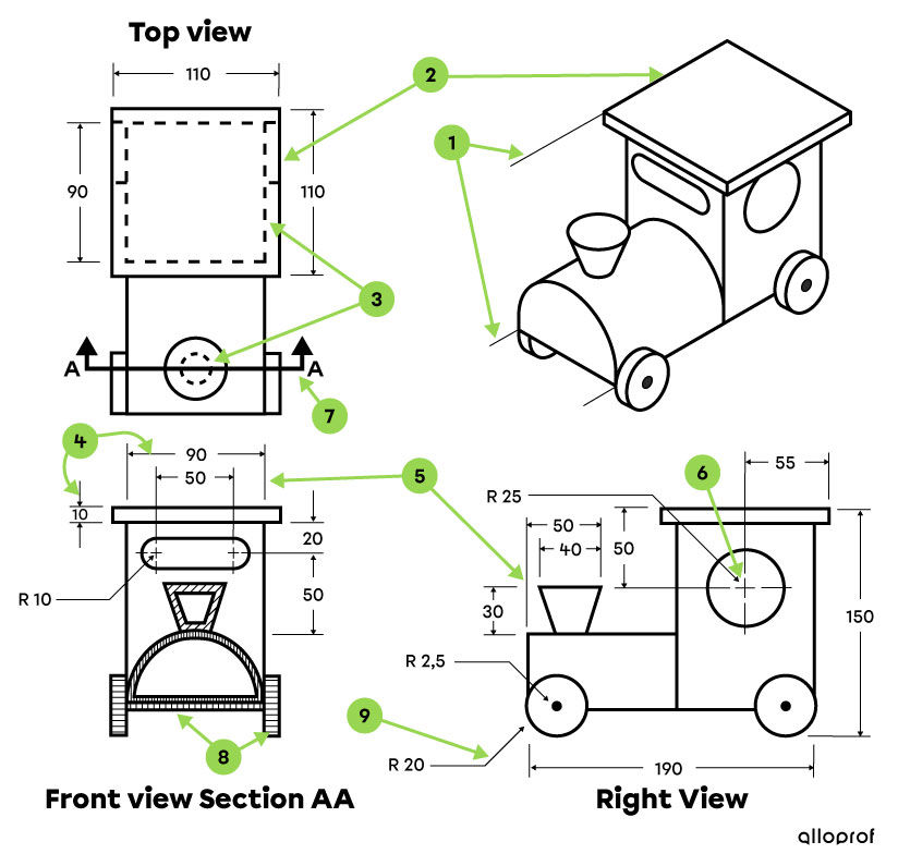 The use of basic lines on the technical drawing of a model train locomotive.