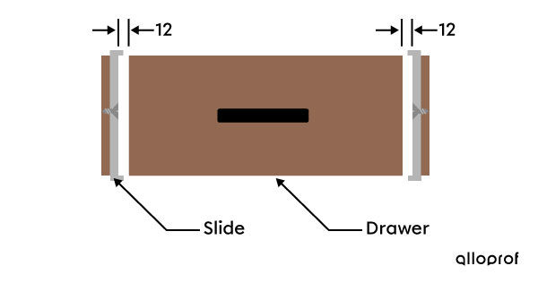 Functional dimensioning of a drawer and its slide in technical drawing.