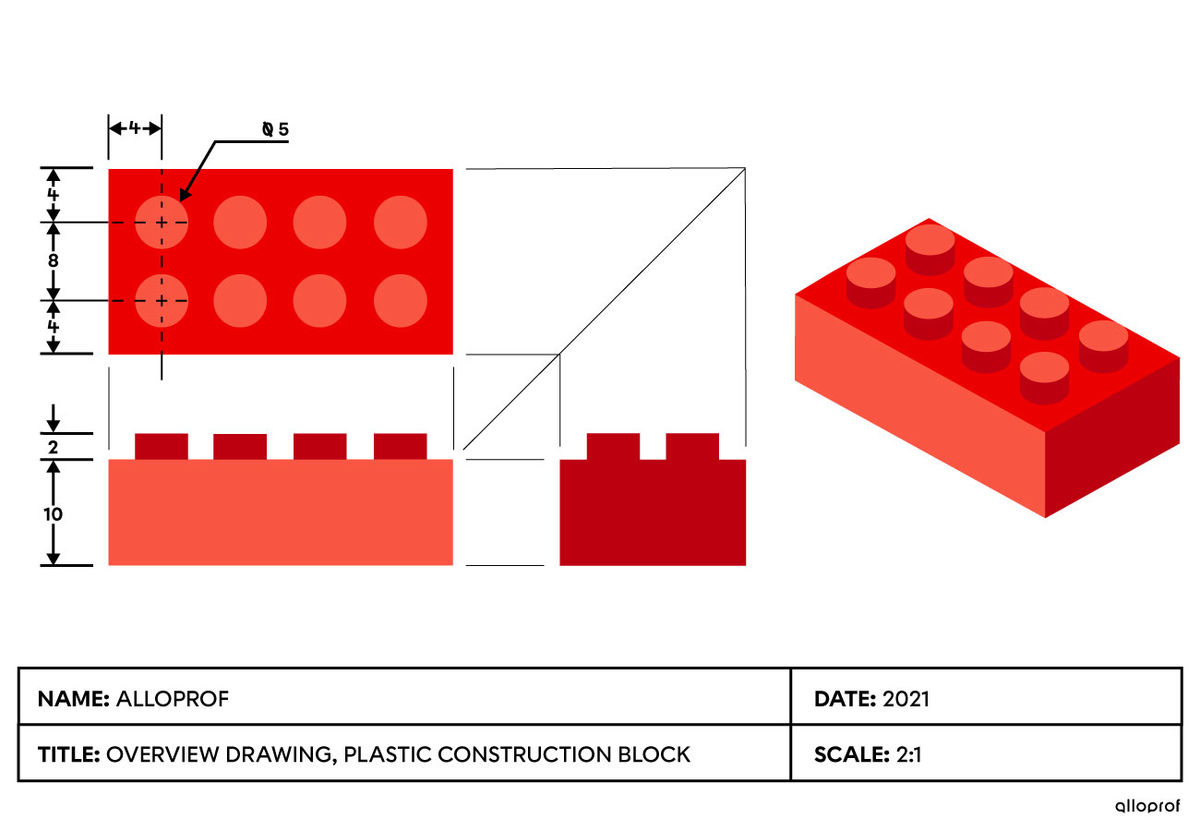 Representation of a plastic building block on a 2:1 enlargement scale