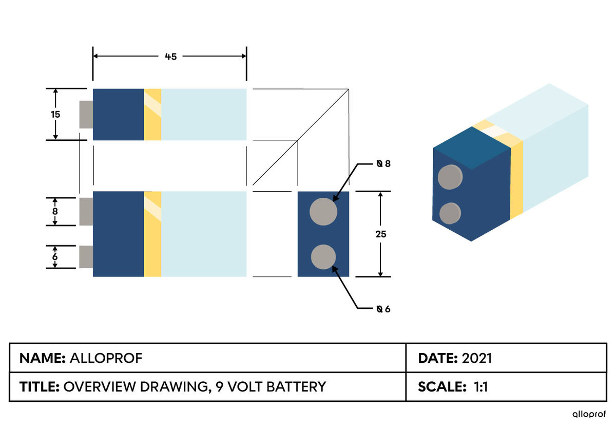 Representation of a 9 V battery on a 1:1 actual size scale in multiview and isometric projection 