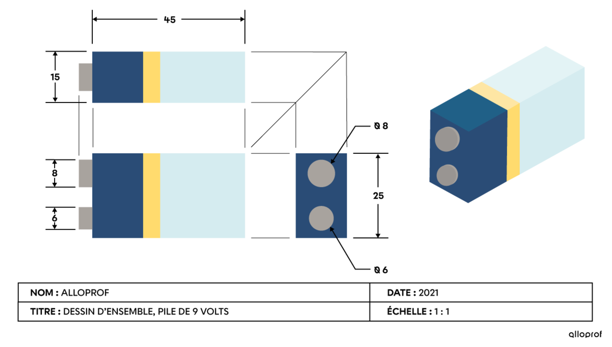 La représentation d’une batterie de 9 V selon une échelle « vraie grandeur » (1 : 1) en projection isométrique et à vues multiples