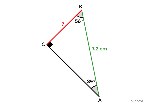 On utilise le rapport sinus pour déterminer la mesure de la cathète opposée à un angle dans un triangle rectangle.