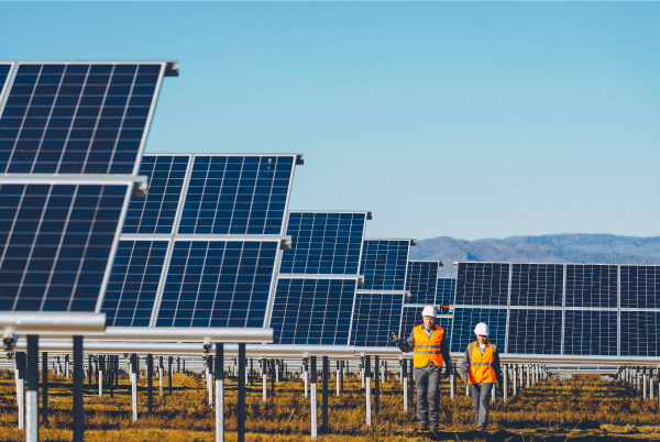 Deux employés marchent entre les panneaux photovoltaïques d’un parc solaire.