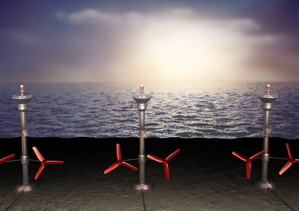 Multiples underwater turbines installed at the bottom of the ocean.