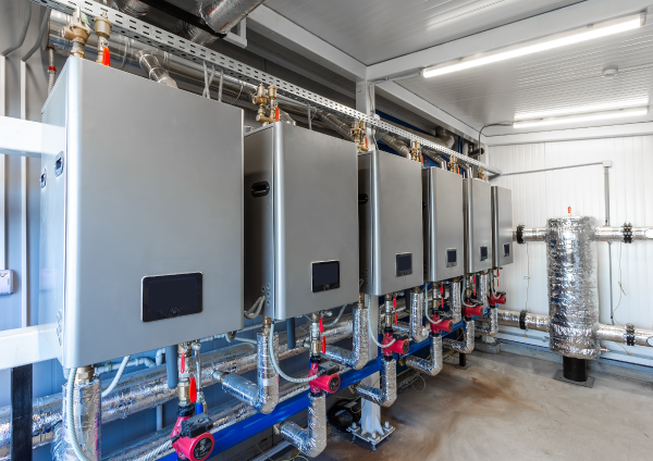 Gas furnaces in the utility room of a building.