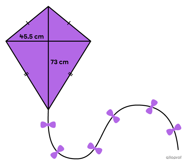 The area of a kite with a small diagonal of 45.5 cm and a large diagonal of 73 cm is sought.