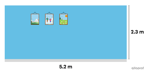 a rectangular wall with 2 sides measuring 5.2 m and 2 sides measuring 2.3 m.