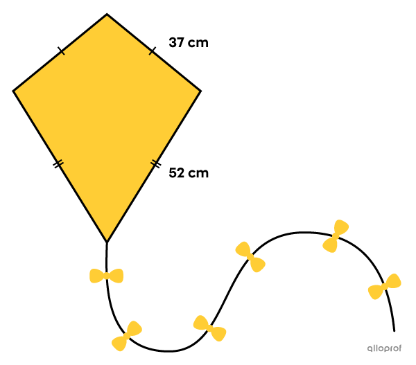 The perimeter of a kite with 2 sides measuring 37 cm and 2 sides measuring 52 cm is sought.