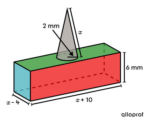 Illustration of a decomposable solid representing a crampon where the dimensions are the unknown measures to be found.