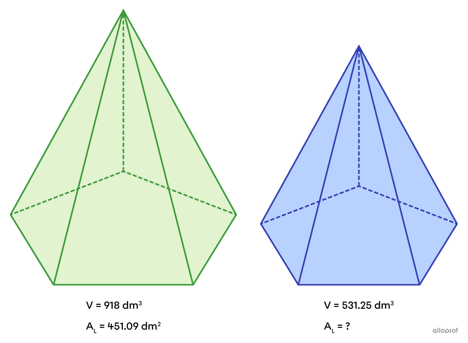Two similar pentagonal-based pyramids.