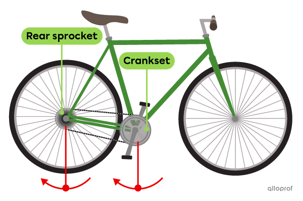 The bicycle transmission is reversible. Both the crankset connected to the pedals and the rear wheel sprocket can act as the driver or driven component.