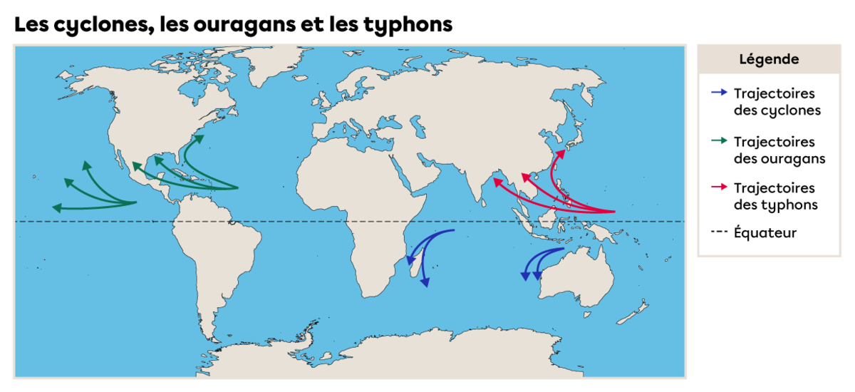 Carte des trajectoires des cyclones, des ouragans et des typhons. 